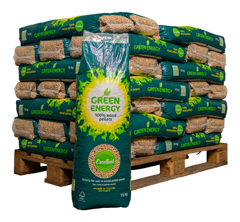 Granulés de bois en sac de 15 kg, la quantité d’une palette pour un hiver